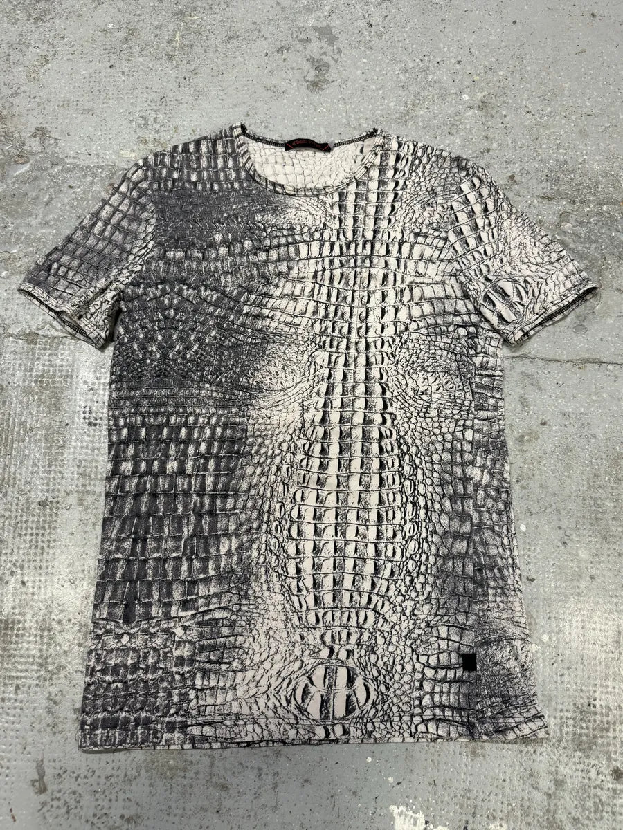 2000s Roberto Cavalli White & Grey Crocodile Effect T-Shirt (S) ckFycZk 0