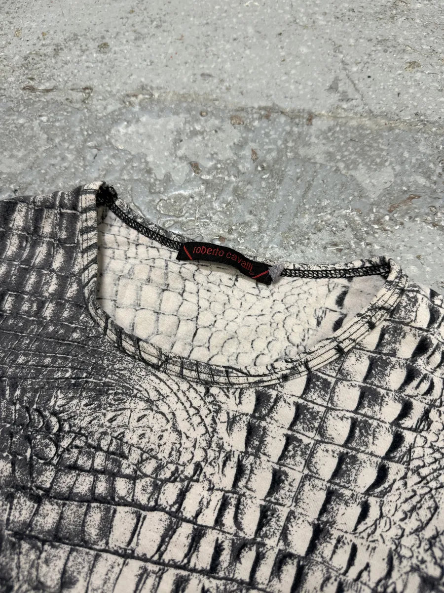 2000s Roberto Cavalli White & Grey Crocodile Effect T-Shirt (S) ckFycZk 2