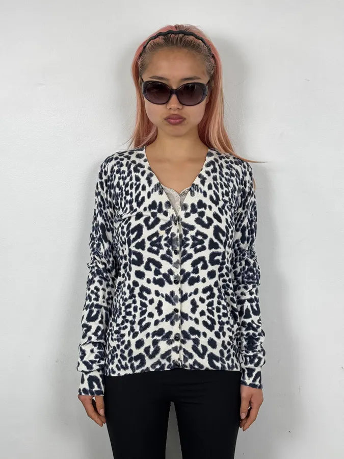 2000s Roberto Cavalli White & Navy Silk Leopard Cardigan gVlpXYR 1