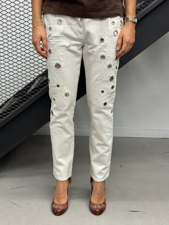 2000s Roberto Cavalli White Metal Eyelets Distressed Jeans  EZEJmxo 0