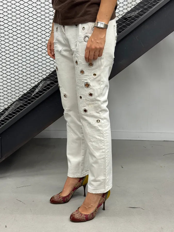 2000s Roberto Cavalli White Metal Eyelets Distressed Jeans  EZEJmxo 1