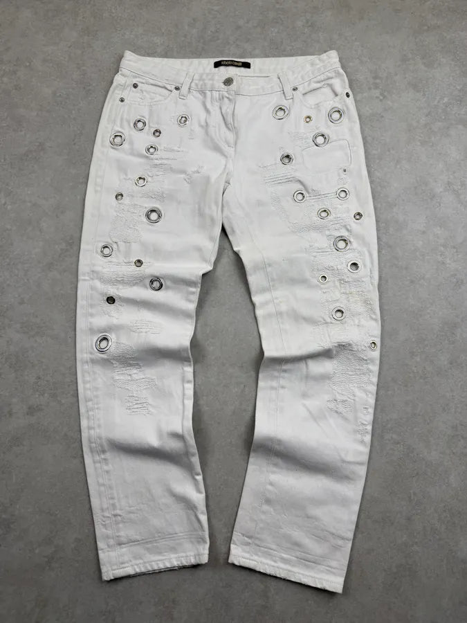 2000s Roberto Cavalli White Metal Eyelets Distressed Jeans  EZEJmxo 3