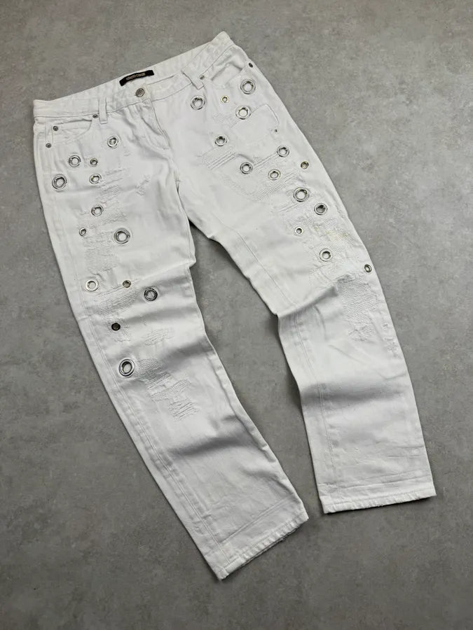 2000s Roberto Cavalli White Metal Eyelets Distressed Jeans  EZEJmxo 4