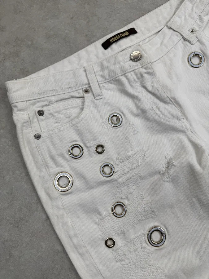 2000s Roberto Cavalli White Metal Eyelets Distressed Jeans  EZEJmxo 7