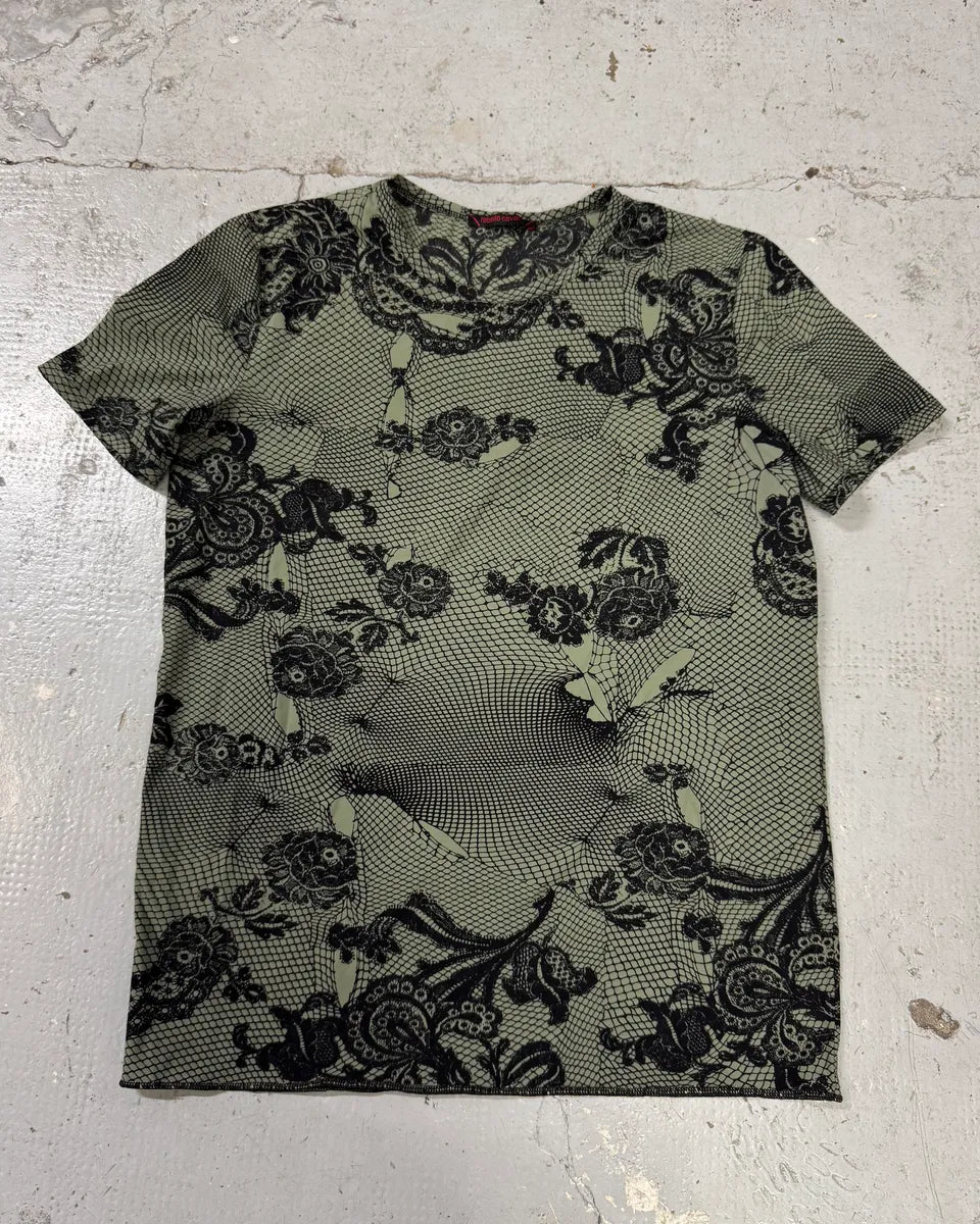 2000s Roberto Cavalli Wire Roses Khaki T-Shirt aesrHJg 0