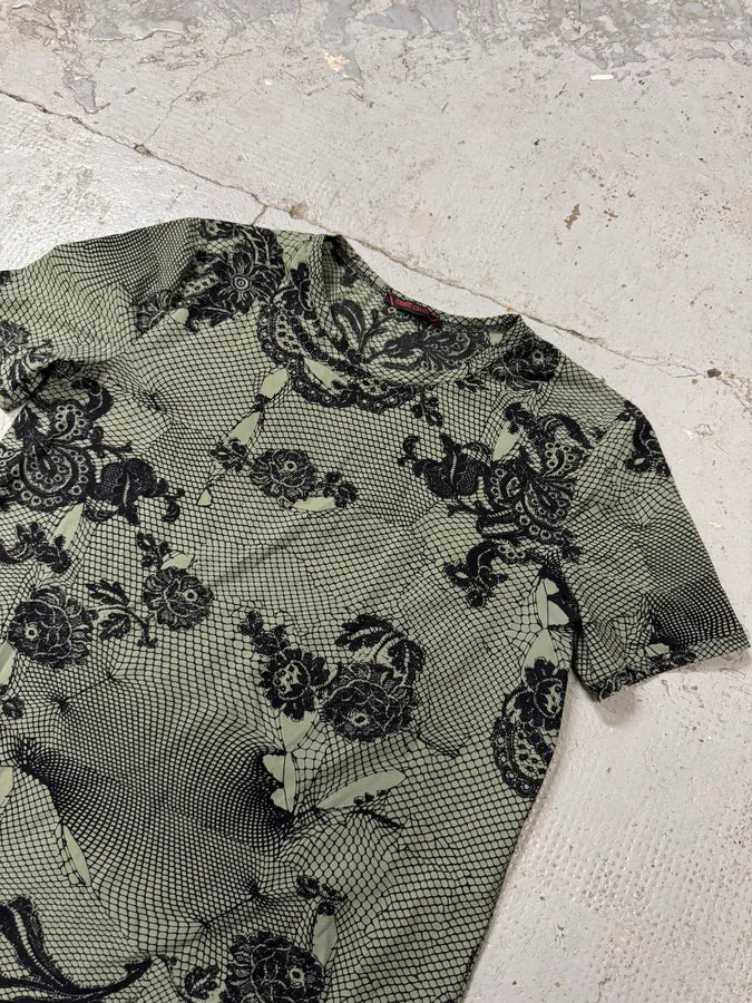 2000s Roberto Cavalli Wire Roses Khaki T-Shirt aesrHJg 3