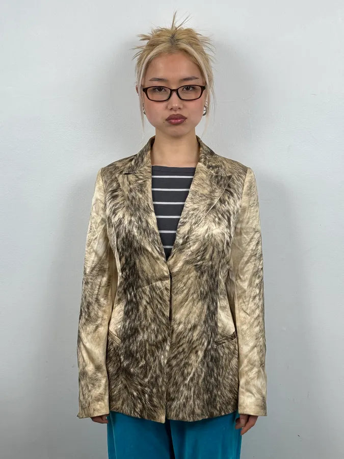AW1999 Roberto Cavalli Wolf Fur Effect Beige Blazer Jacket FjmSraB 1
