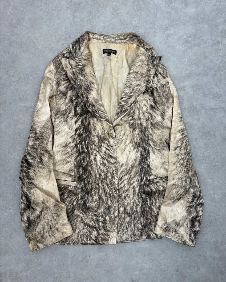 AW1999 Roberto Cavalli Wolf Fur Effect Beige Blazer Jacket FjmSraB 0