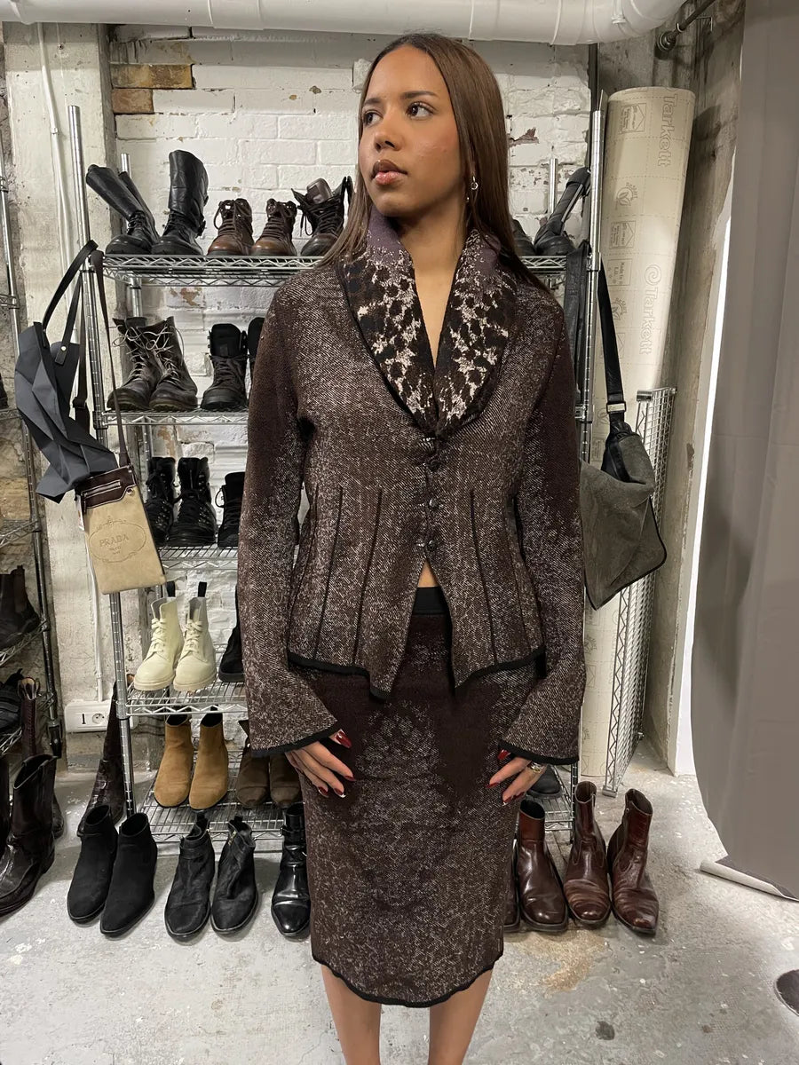 2000s Roberto Cavalli Wool Abstract Leopard Pattern Skirt & Jacket Set (S) YxdvFpd 6