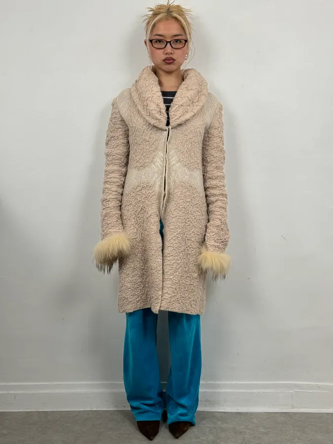 2000s Roberto Cavalli Wrinkled Texture Beige Long Cardigan Wrist Fur Jacket pgPktGn 0