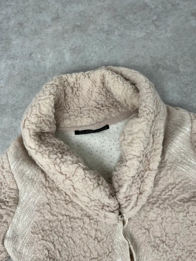 2000s Roberto Cavalli Wrinkled Texture Beige Long Cardigan Wrist Fur Jacket pgPktGn 4