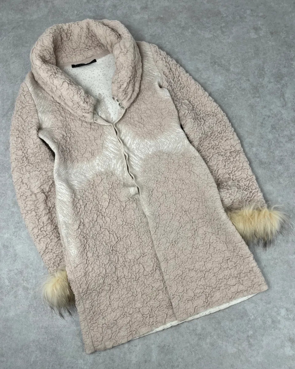 2000s Roberto Cavalli Wrinkled Texture Beige Long Cardigan Wrist Fur Jacket pgPktGn 3