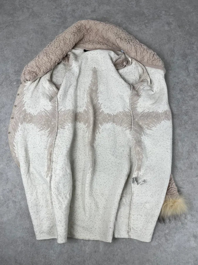 2000s Roberto Cavalli Wrinkled Texture Beige Long Cardigan Wrist Fur Jacket pgPktGn 7