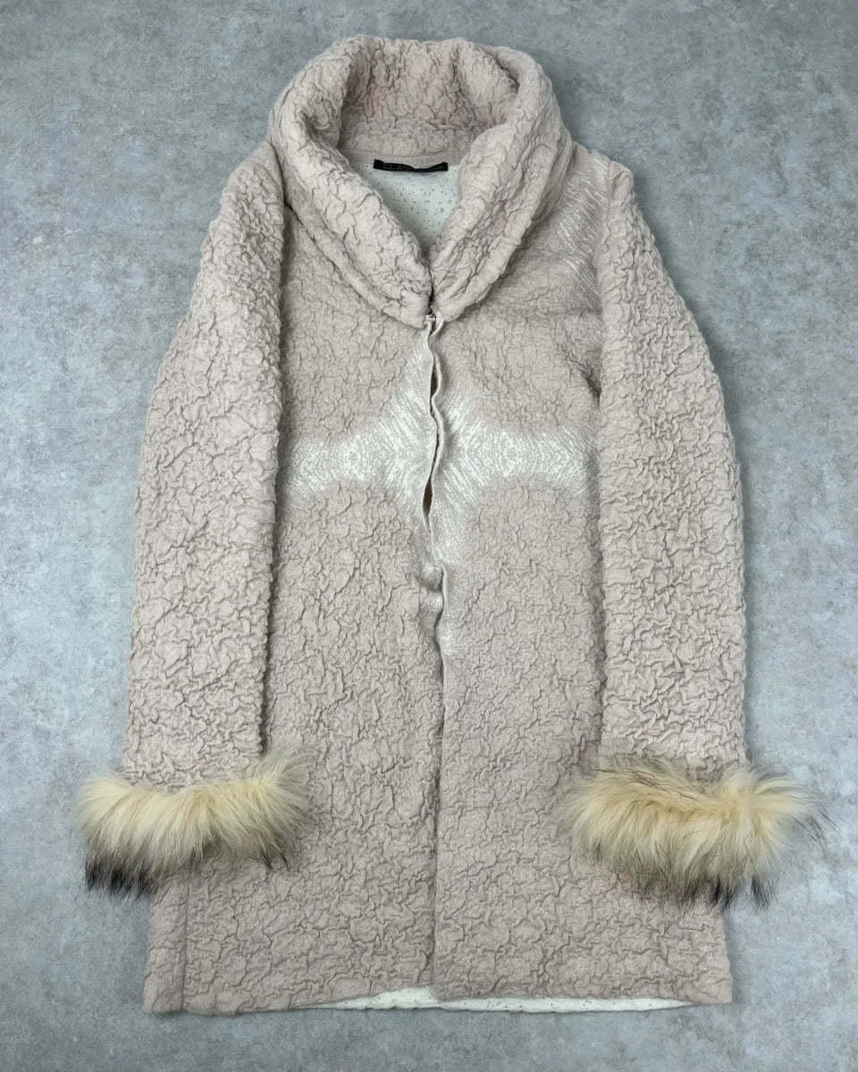 2000s Roberto Cavalli Wrinkled Texture Beige Long Cardigan Wrist Fur Jacket pgPktGn 2
