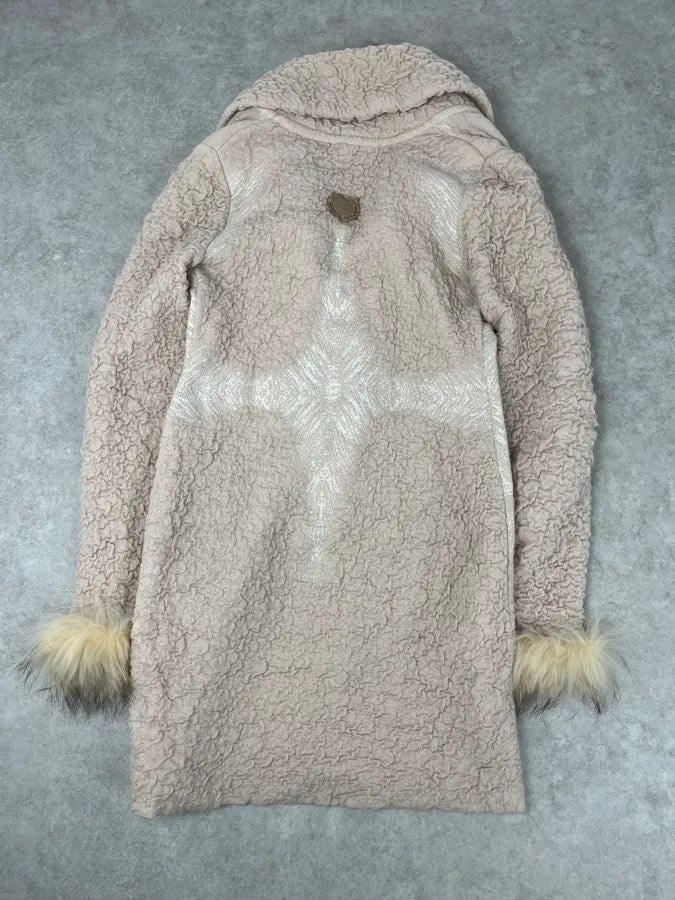 2000s Roberto Cavalli Wrinkled Texture Beige Long Cardigan Wrist Fur Jacket pgPktGn 5