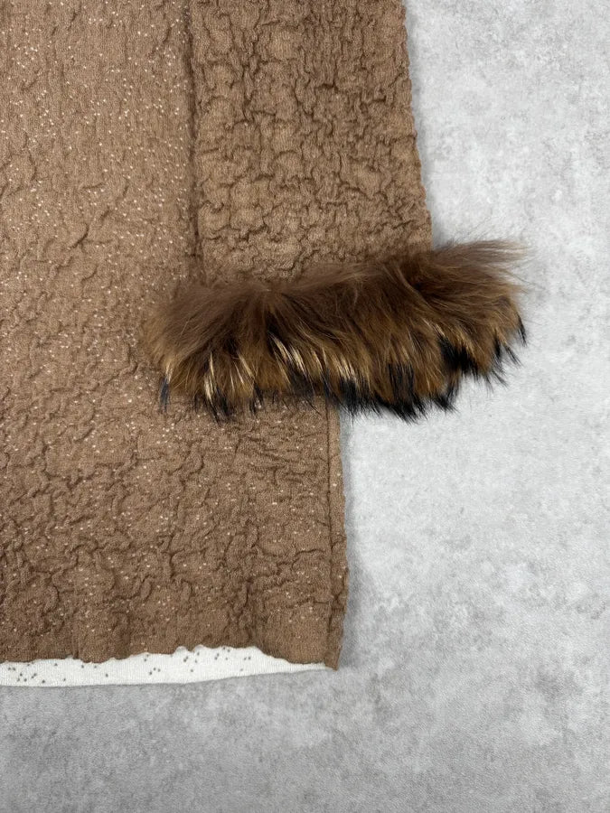 2000s Roberto Cavalli Wrinkled Texture Beige Wrist Fur Long Jacket KjFhyyk 8