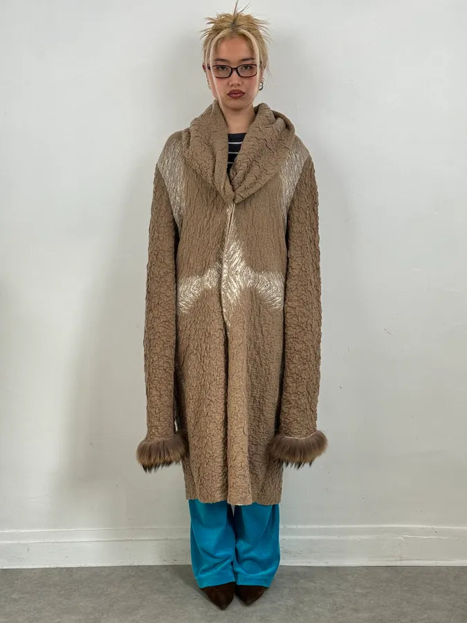 2000s Roberto Cavalli Wrinkled Texture Beige Wrist Fur Long Jacket KjFhyyk 1