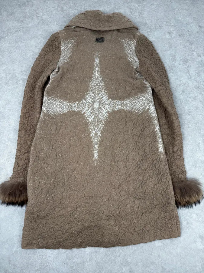 2000s Roberto Cavalli Wrinkled Texture Beige Wrist Fur Long Jacket KjFhyyk 3