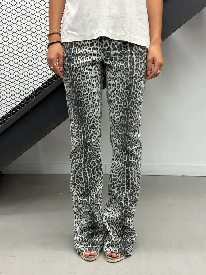 2007 Roberto Cavalli H&M Black & White Leopard Flared Denim Jeans HUTufZk 0