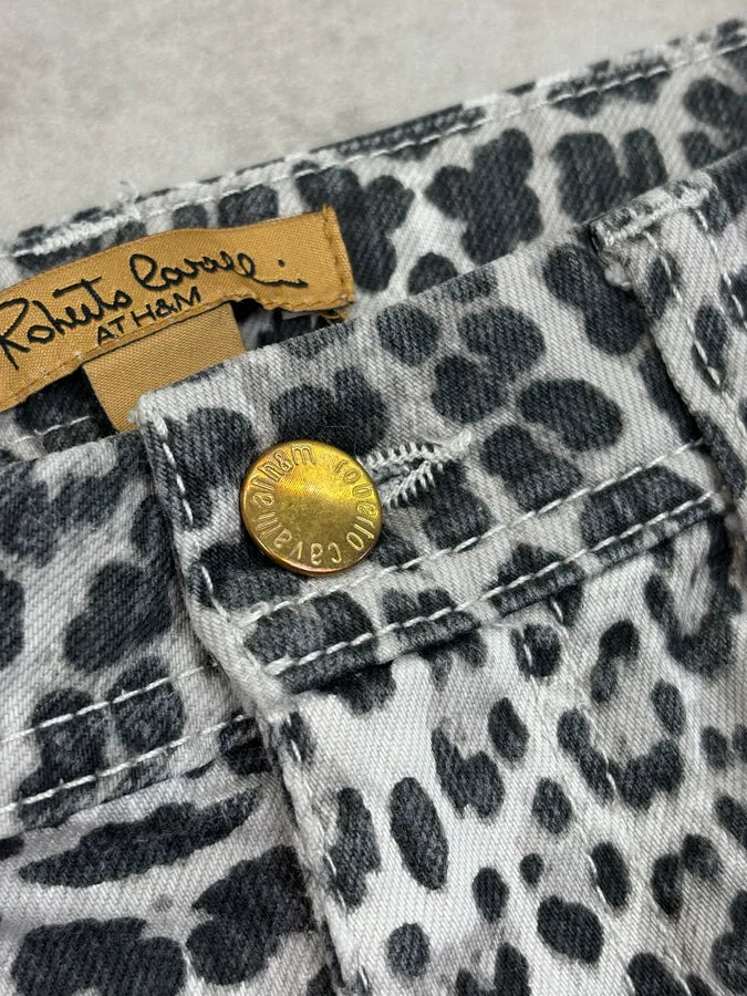 2007 Roberto Cavalli H&M Black & White Leopard Flared Denim Jeans HUTufZk 8
