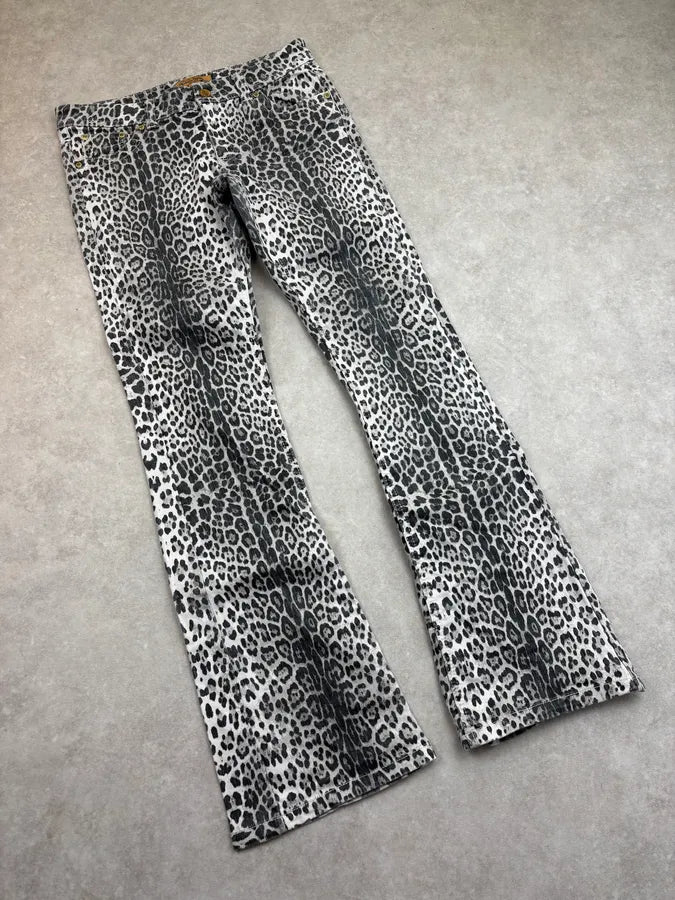 2007 Roberto Cavalli H&M Black & White Leopard Flared Denim Jeans HUTufZk 4