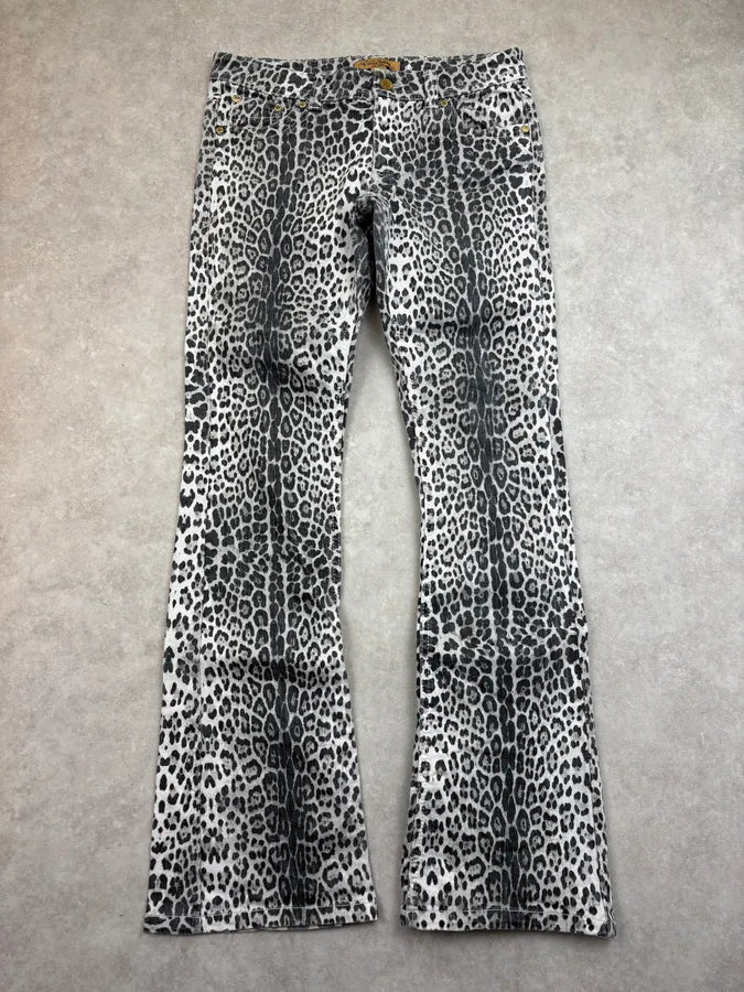 2007 Roberto Cavalli H&M Black & White Leopard Flared Denim Jeans HUTufZk 3