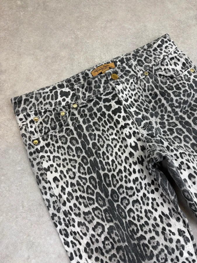 2007 Roberto Cavalli H&M Black & White Leopard Flared Denim Jeans HUTufZk 5