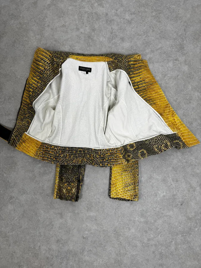 2000s Roberto Cavalli Yellow Snakeskin Effect Bees Yellow Jacket & Skirt Set plNWhjV 11