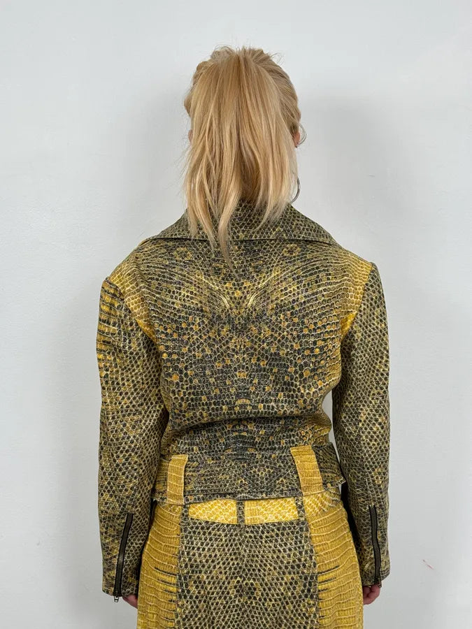 2000s Roberto Cavalli Yellow Snakeskin Effect Bees Yellow Jacket & Skirt Set plNWhjV 7