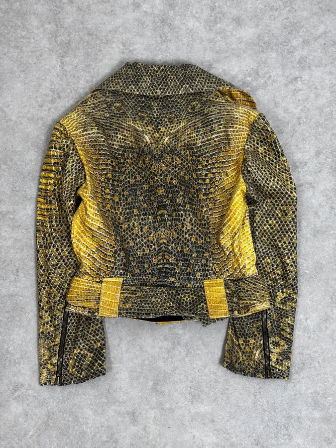 2000s Roberto Cavalli Yellow Snakeskin Effect Bees Yellow Jacket & Skirt Set plNWhjV 5