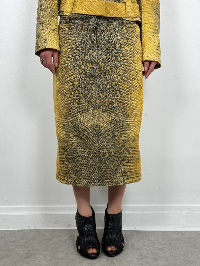 2000s Roberto Cavalli Yellow Snakeskin Effect Bees Yellow Jacket & Skirt Set plNWhjV 14