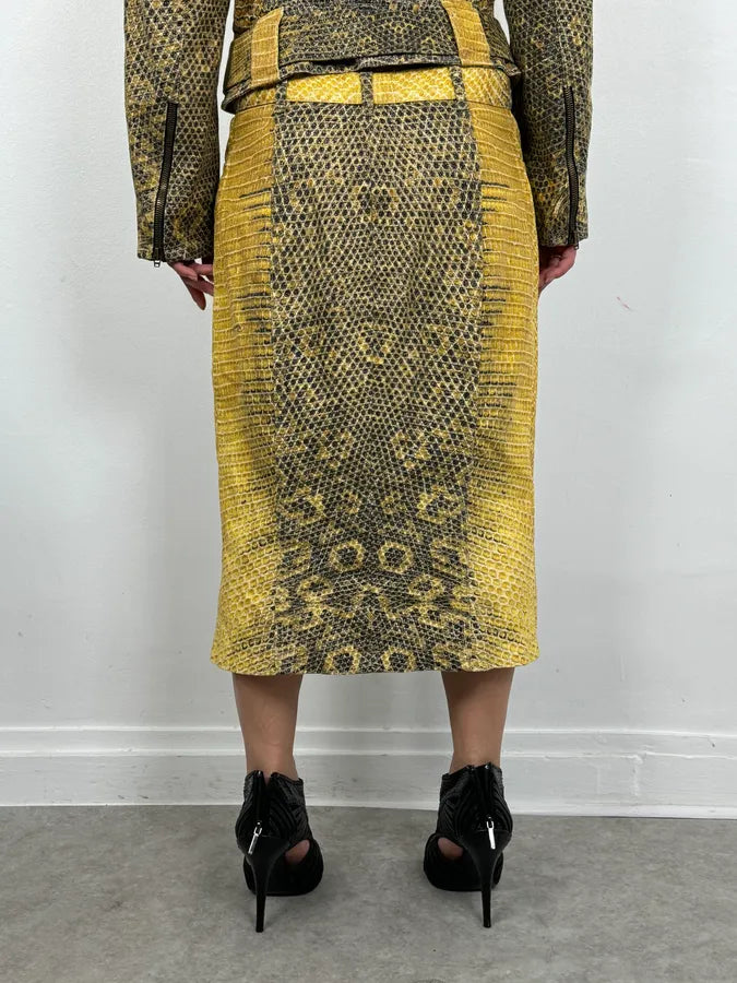 2000s Roberto Cavalli Yellow Snakeskin Effect Bees Yellow Jacket & Skirt Set plNWhjV 15