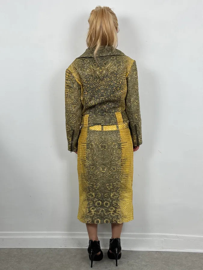 2000s Roberto Cavalli Yellow Snakeskin Effect Bees Yellow Jacket & Skirt Set plNWhjV 2