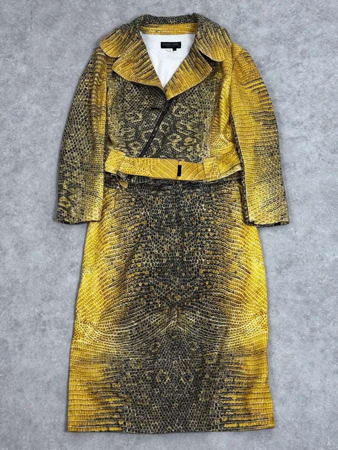 2000s Roberto Cavalli Yellow Snakeskin Effect Bees Yellow Jacket & Skirt Set plNWhjV 0