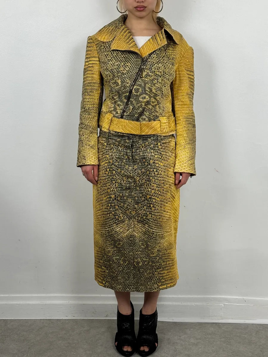 2000s Roberto Cavalli Yellow Snakeskin Effect Bees Yellow Jacket & Skirt Set plNWhjV 1