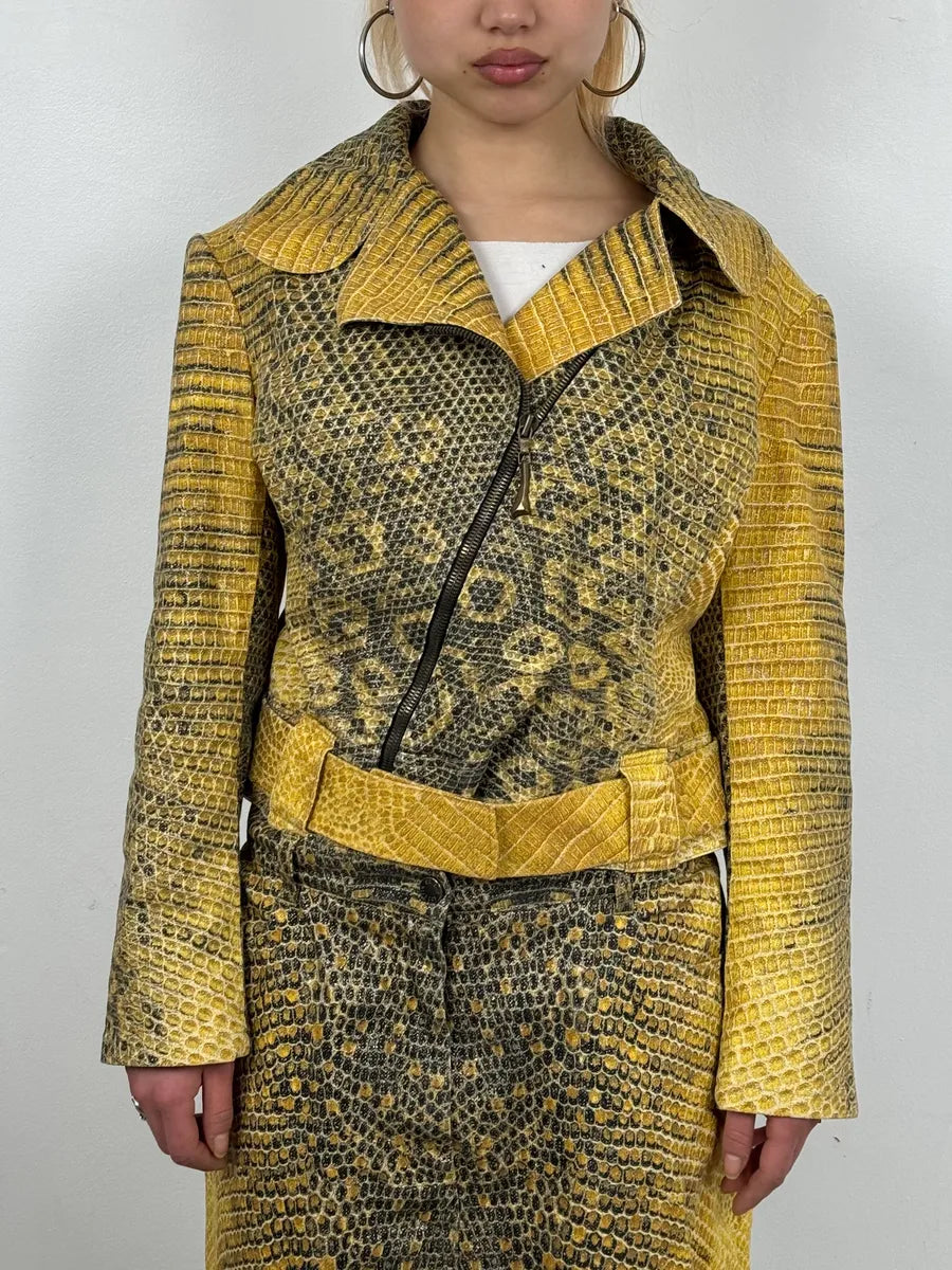 2000s Roberto Cavalli Yellow Snakeskin Effect Bees Yellow Jacket & Skirt Set plNWhjV 6