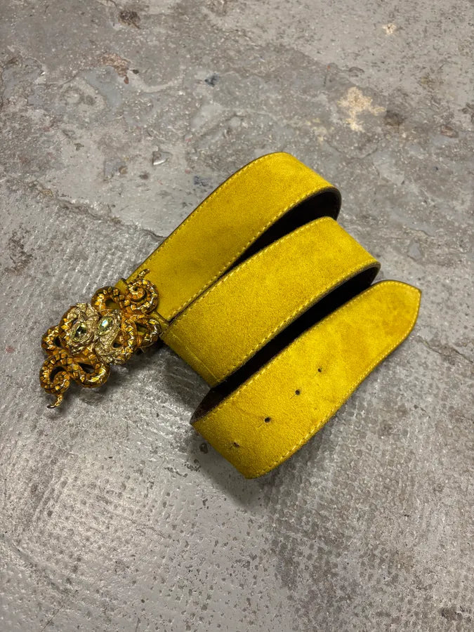 2000s Roberto Cavalli Yellow Suede Leather Embellished Buckle Belt WNtogbs 5