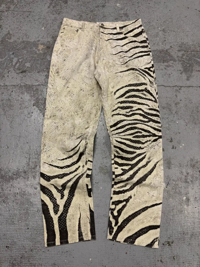 2000s Roberto Cavalli Zebra Marble White Pants wGAwLLk 0