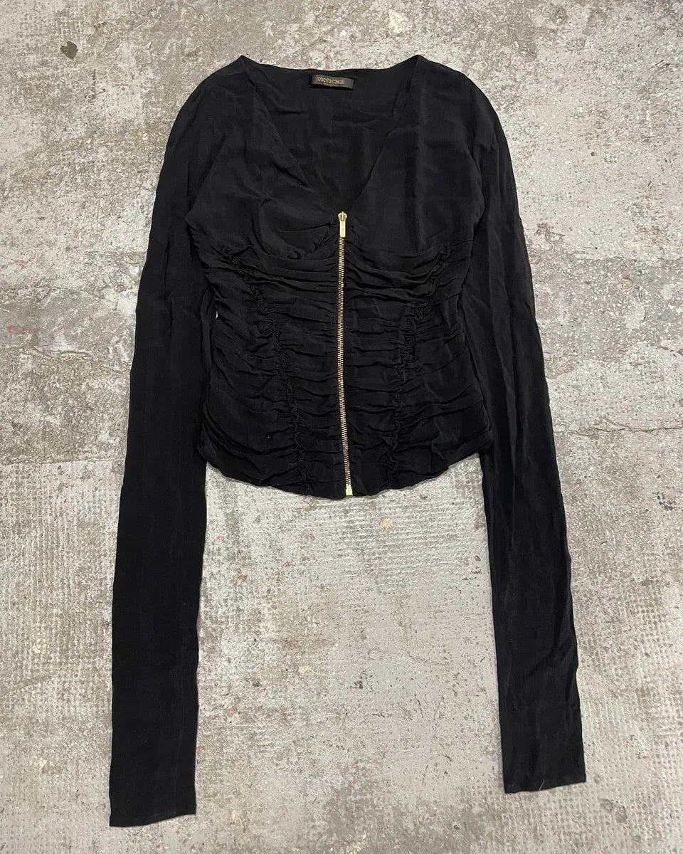 2000s Roberto Cavalli Zip Soft Black Longsleeves Top (M/L) CeuNHJQ 0