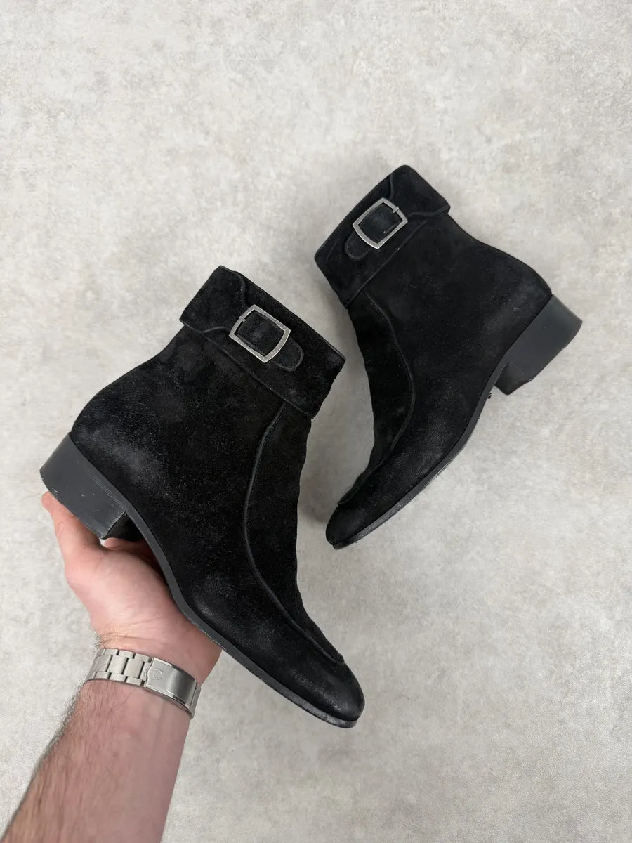 2000s Saint Laurent Black Suede Leather Buckle Boots USLPvWp 0