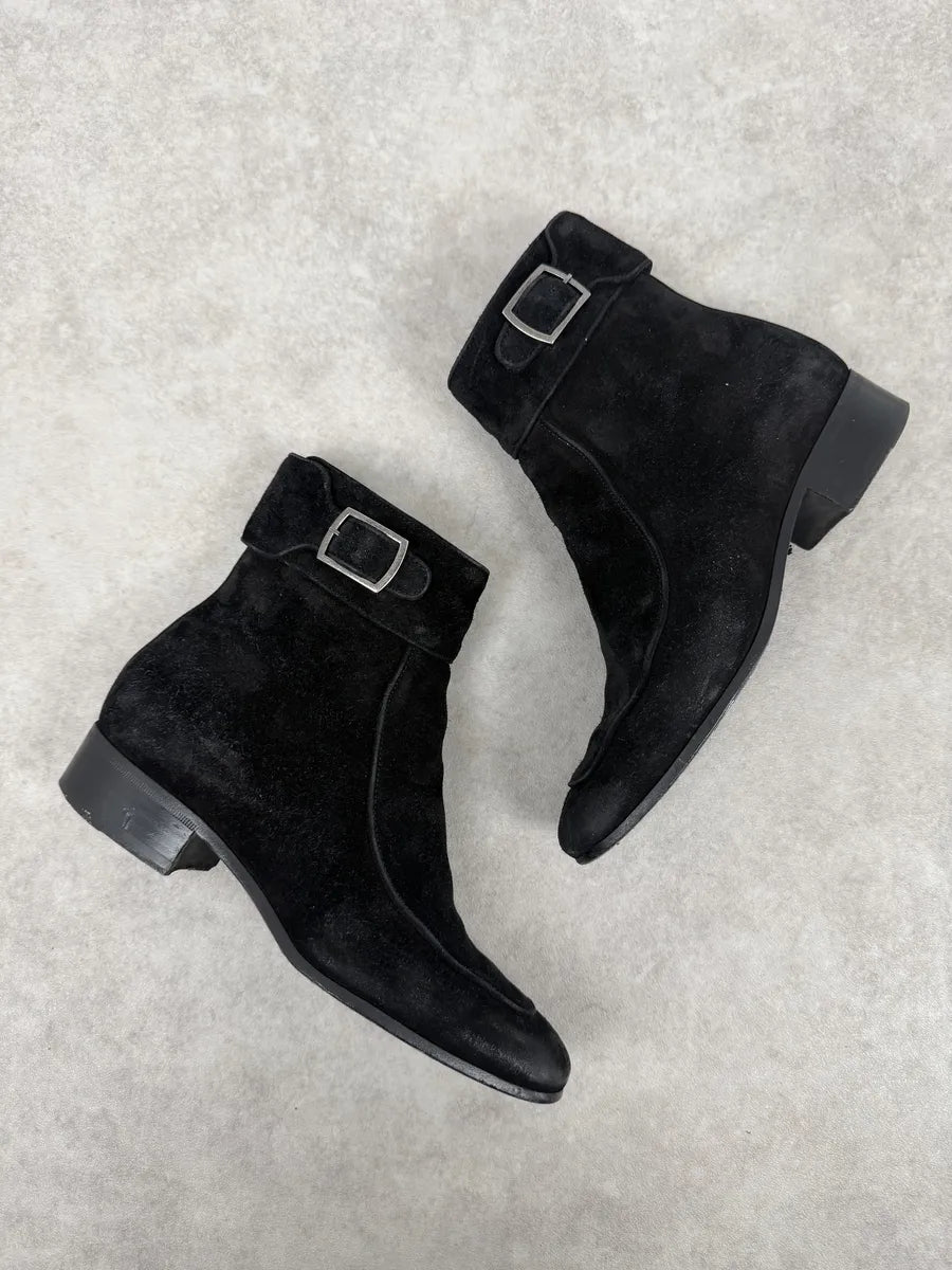 2000s Saint Laurent Black Suede Leather Buckle Boots USLPvWp 1