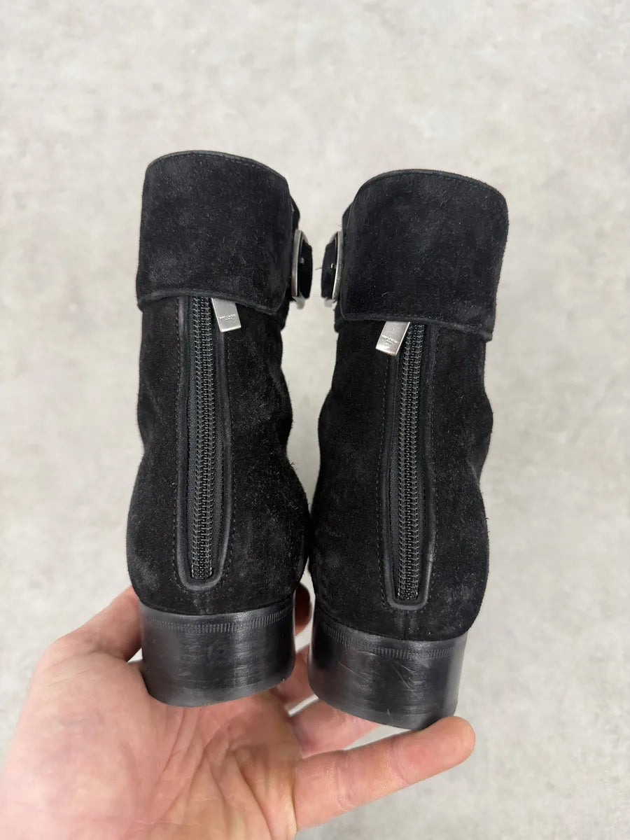 2000s Saint Laurent Black Suede Leather Buckle Boots USLPvWp 5