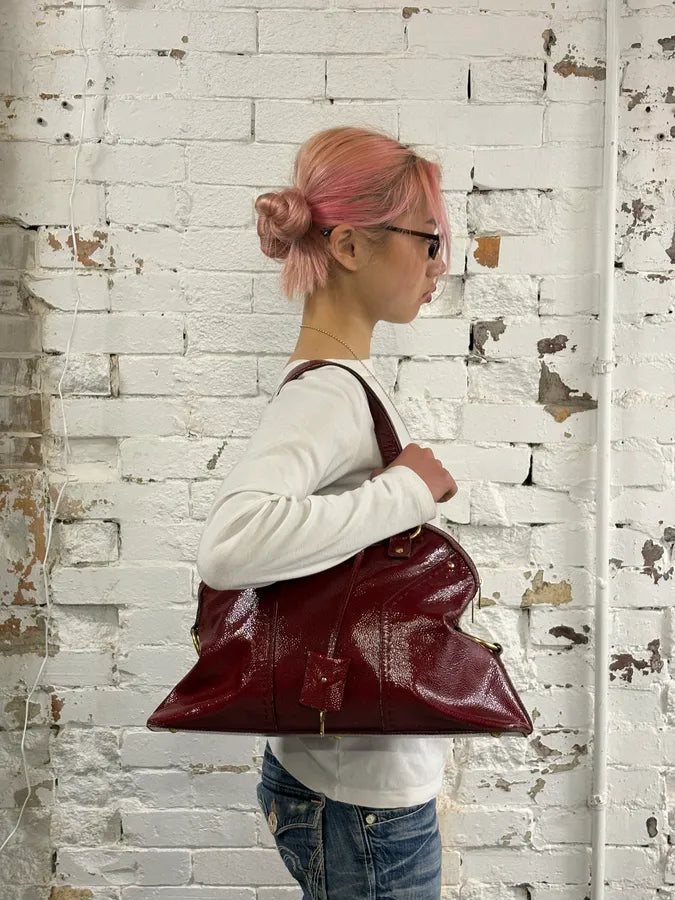 AW2008 Saint Laurent Bordeaux Patent Leather Muse Barrel Bag KgaEQfJ 4