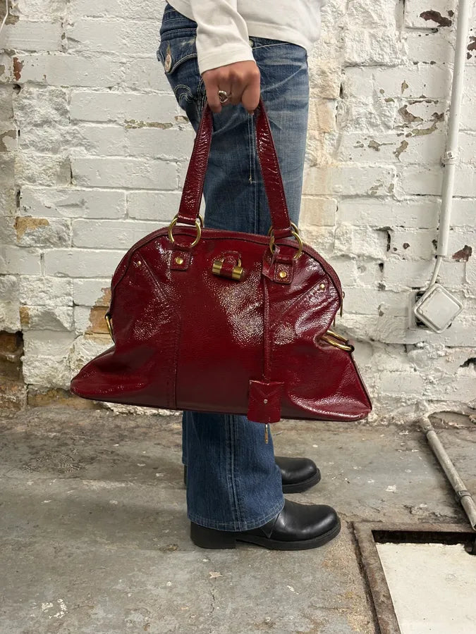 AW2008 Saint Laurent Bordeaux Patent Leather Muse Barrel Bag KgaEQfJ 1