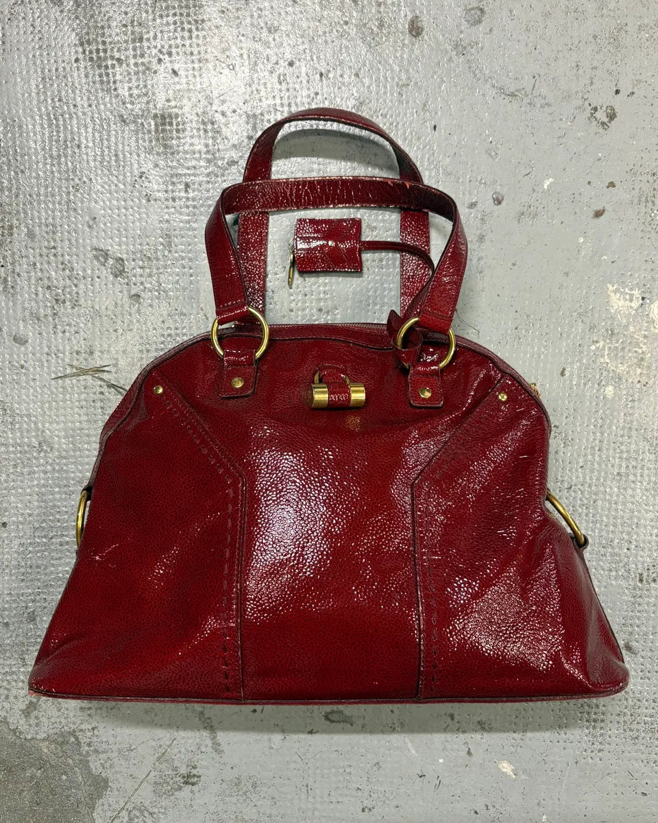 AW2008 Saint Laurent Bordeaux Patent Leather Muse Barrel Bag KgaEQfJ 0