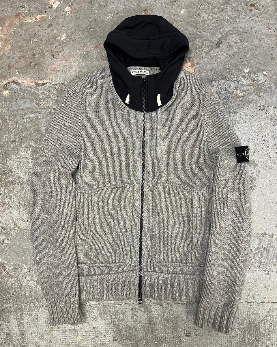 2000s Stone Island Grey Wool Hooded Sweater (L) 0