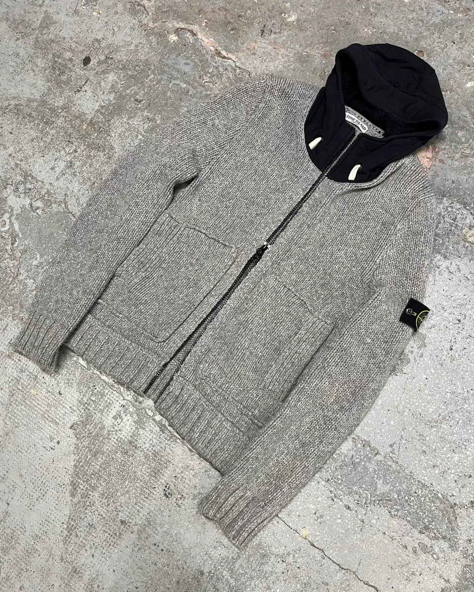 2000s Stone Island Grey Wool Hooded Sweater (L) 1