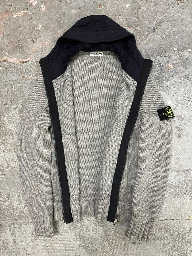 2000s Stone Island Grey Wool Hooded Sweater (L) 2