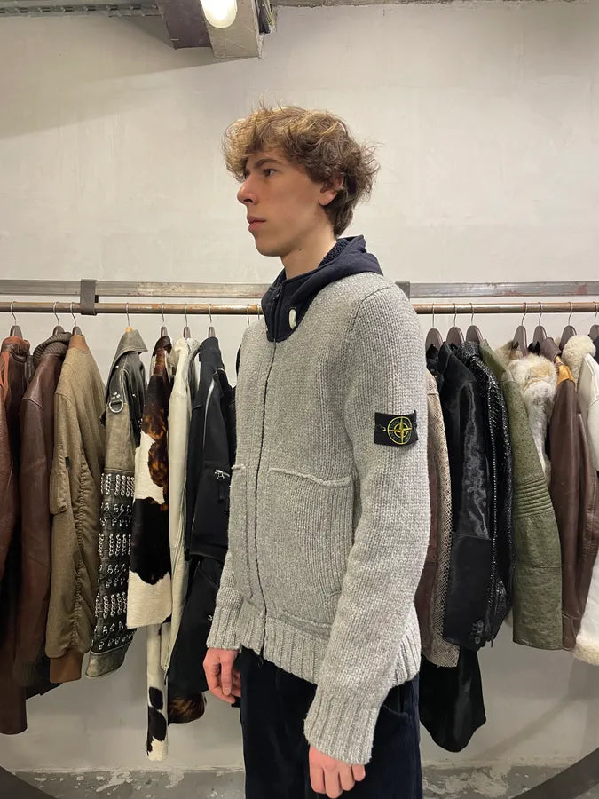 2000s Stone Island Grey Wool Hooded Sweater (L) 4