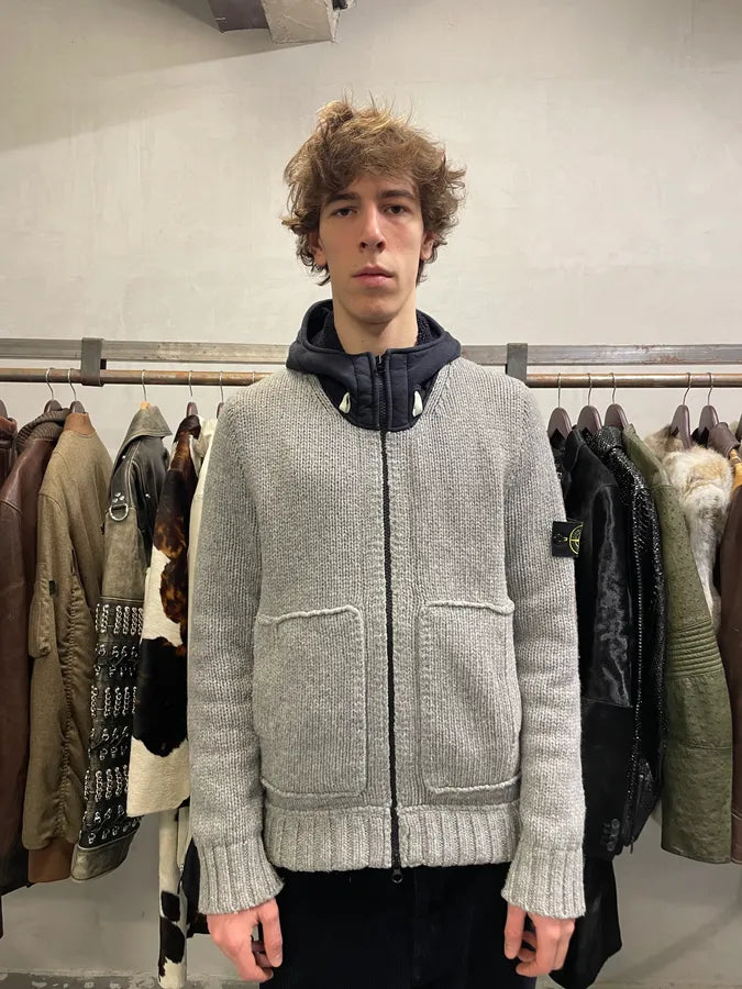 2000s Stone Island Grey Wool Hooded Sweater (L) 6